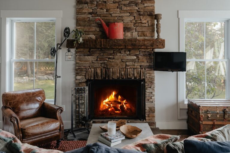 A living room with a portable heater set safely away from furniture and children playing nearby.